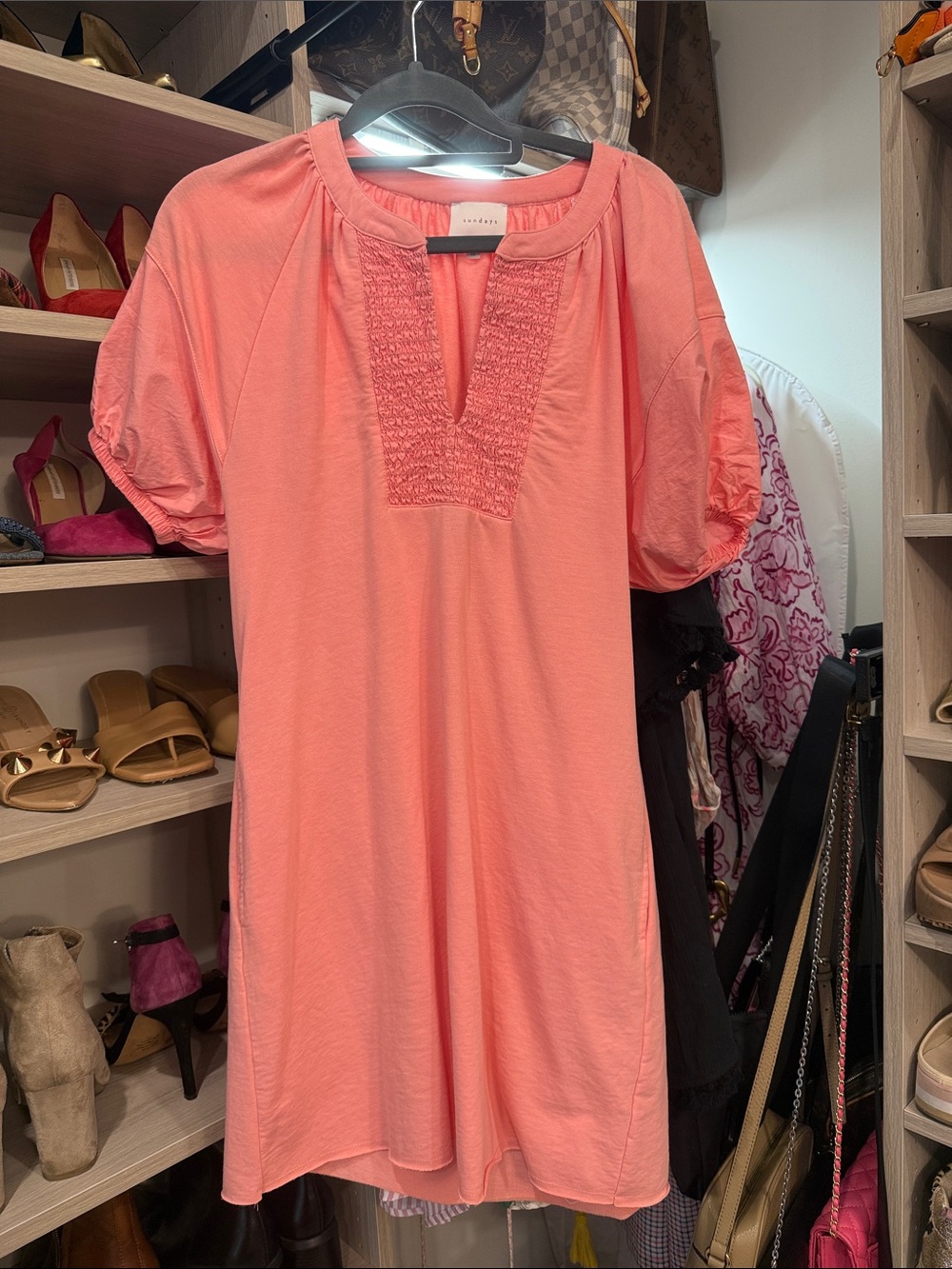 sundays Coral Mini Dress with Puff Sleeves - Picture 2 of 5